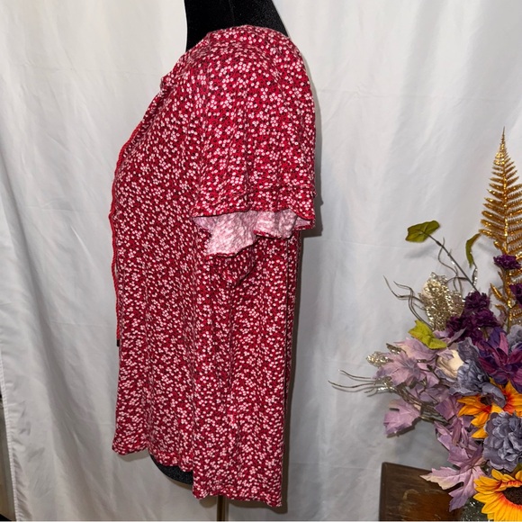 Chaps Red Floral Lace Up Peasant Blouse XL Boho Short Sleeve - Picture 2 of 7